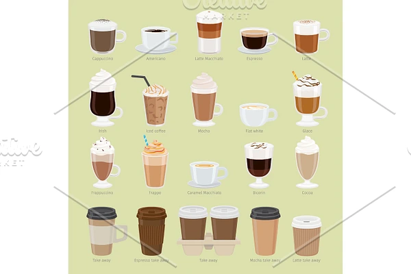 Set of Coffee Types and Packages. Coffee Menu