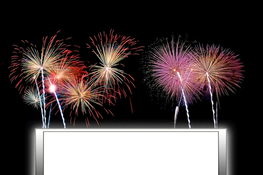 Sign with blank and fireworks