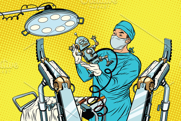 birth newborn robot, an obstetrician in the operating room