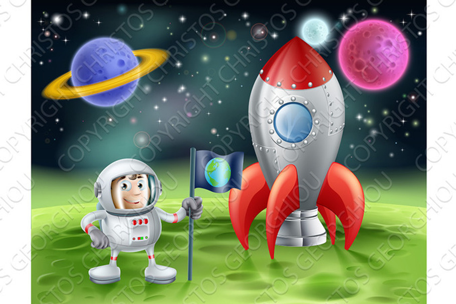 Cartoon astronaut and vintage rocket in Illustrations - product preview 8