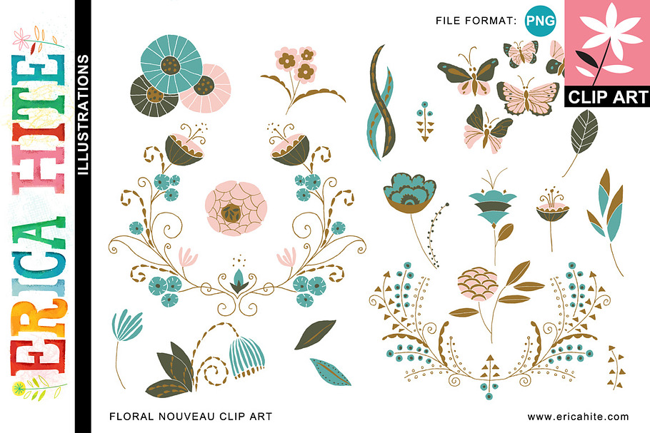 Floral Nouveau Clip Art (PNG) +Bonus