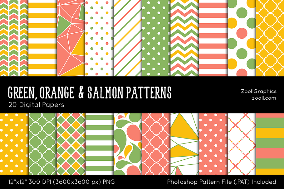 Green Orange Salmon Digital Papers in Patterns - product preview 8