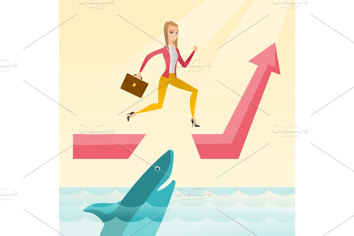 Business woman jumping over ocean with shark. in Illustrations - product preview 8