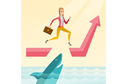 Business woman jumping over ocean with shark.