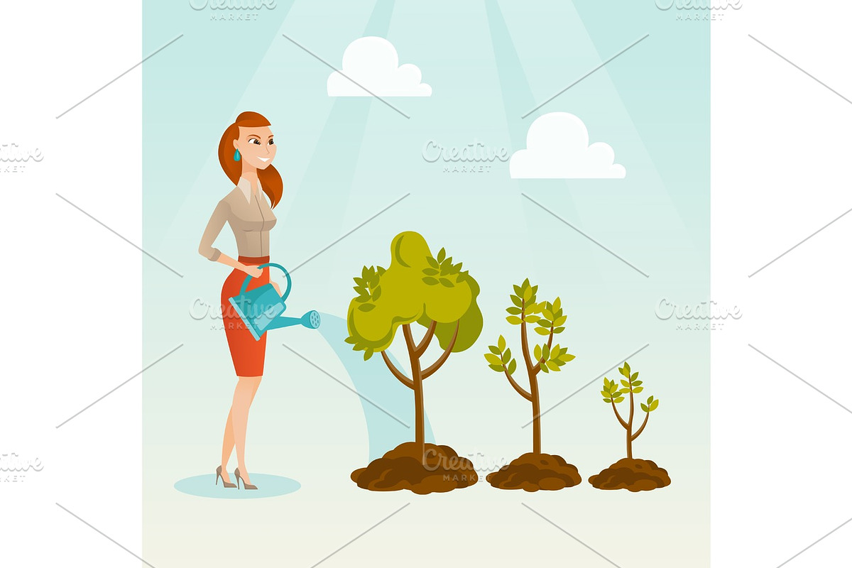 Business woman watering trees vector illustration. in Illustrations - product preview 8