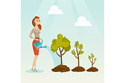 Business woman watering trees vector illustration.