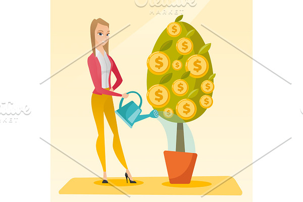 Woman watering money tree vector illustration.