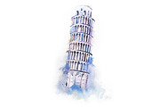 watercolor drawing leaning tower of Pisa. aquarelle world wonder painting