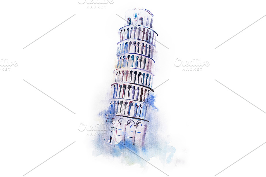 watercolor drawing leaning tower of Pisa. aquarelle world wonder painting in Illustrations - product preview 8