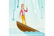 Business woman standing in sinking boat.