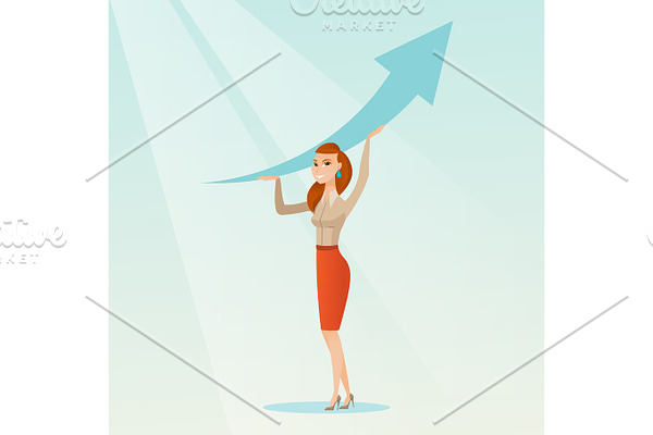Business woman holding arrow going up.
