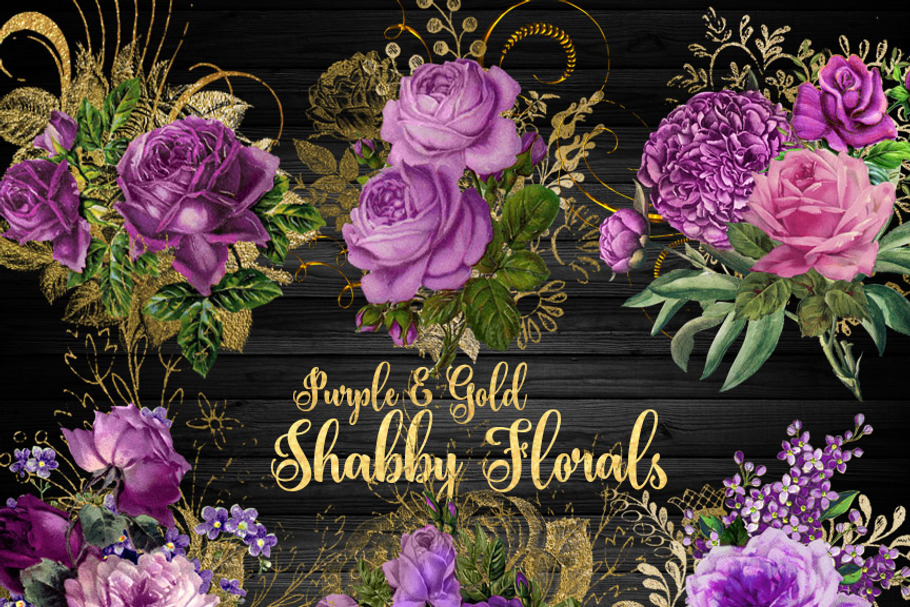 Purple and Gold Shabby Florals