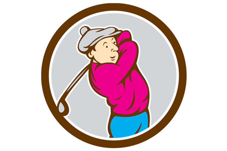 Golfer Swinging Club Circle Cartoon