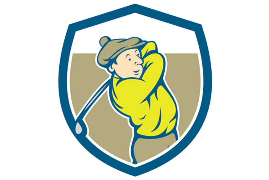 Golfer Swinging Club Shield Cartoon