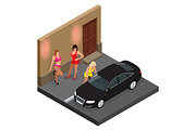 Prostitute in short skirt talking to a client sitting in a car and prostitutes waiting for client on the street. Isometric vector illustration
