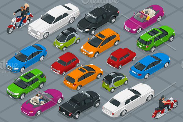 Car icons. Flat 3d isometric high quality city transport. Set of urban public and freight transport