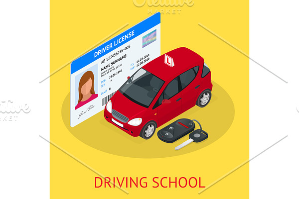 Design concept driving school or learning to drive. Flat isometric illustration