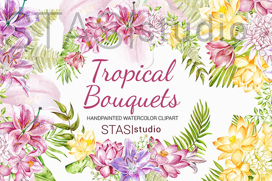 Watercolor Tropical Flowers Wreath in Illustrations - product preview 8
