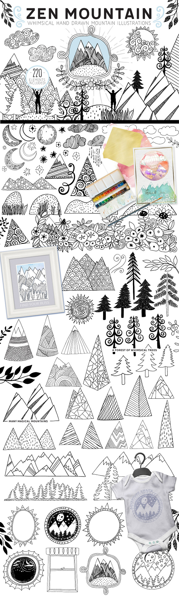 Hand Drawn Zen Mountain Clip Art in Illustrations - product preview 1