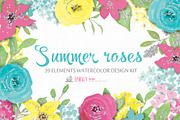 Summer roses. Watercolor clipart set