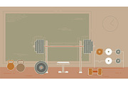 Gym exercise equipment room interior indoor set. Linear stroke outline flat style vector icons. Monochrome cycle bike power weight lifting gymnastics rings ball wall bars icon collection