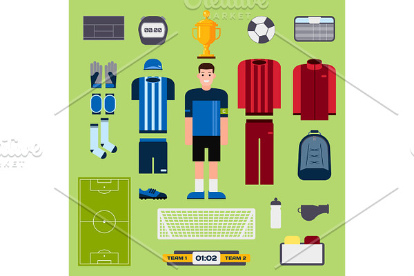 Football elements soccer player uniform clothing and symbols sport game vector illustration