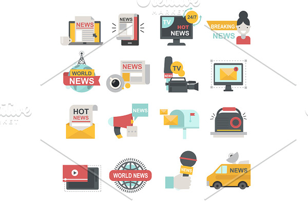 Mass media icons set with telecommunications radio beaking news broadcast TV or website symbols flat isolated vector illustration
