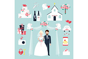 Wedding elements invitation celebration set flat anniversary romance decoration couple icons vector illustration