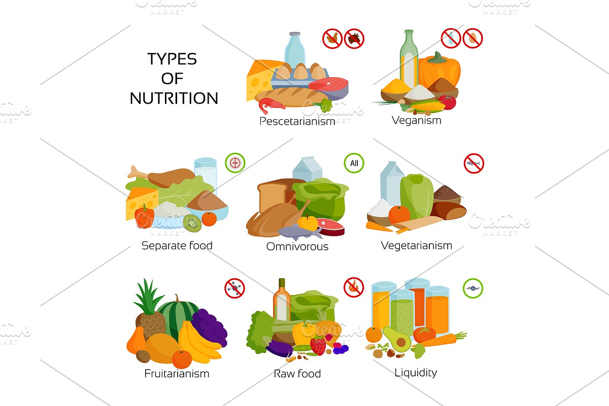 Nutririon diet food types product infographic organic vegetarian raw food concept health meal vector illustration in Objects - product preview 8