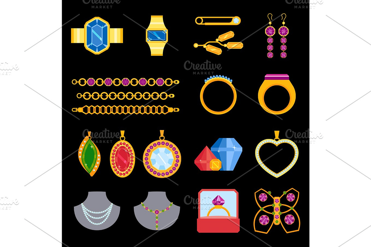 Traditional golden jewellery bangles diamond luxury necklace precious jewelery vector illustration in Objects - product preview 8