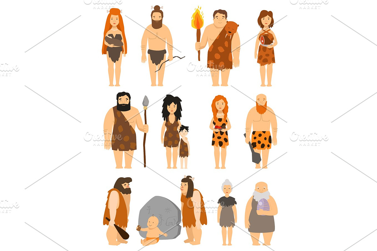 Cartoon primitive people character set vector protoman neanderthal caveman primeval family evolution illustration in Objects - product preview 8