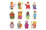 Different cute cartoon kings characters vector set collection man isolated on white