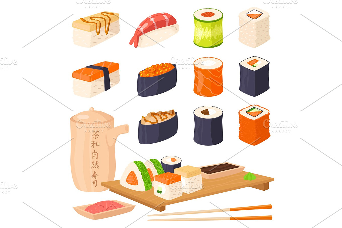 Sushi japanese cuisine traditional food flat healthy gourmet icons asia meal culture roll vector illustration. Text Tea Time on teapot in Objects - product preview 8