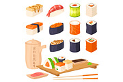 Sushi japanese cuisine traditional food flat healthy gourmet icons asia meal culture roll vector illustration. Text Tea Time on teapot