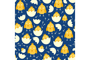 Seamless easter pattern background with chicks in eggs graphic holiday design cartoon chicken bird vector illustration