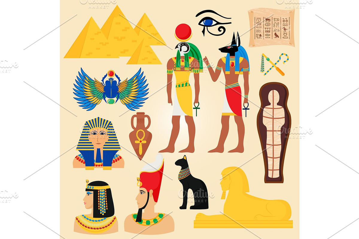 Egypt symbols and landmarks ancient pyramids desert egyptian people god cleopatra pharaoh vector illustration in Illustrations - product preview 8
