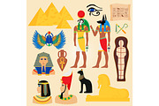 Egypt symbols and landmarks ancient pyramids desert egyptian people god cleopatra pharaoh vector illustration