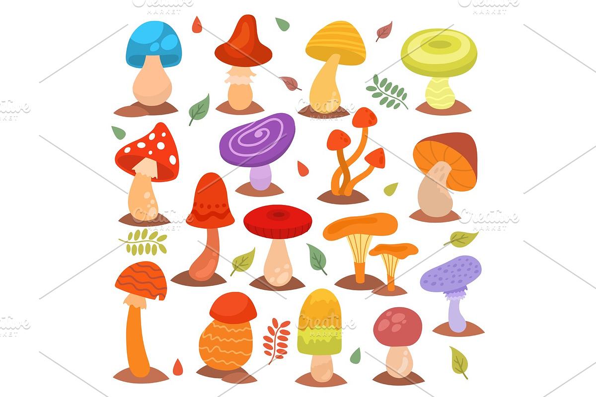 Different cartoon mushrooms isolated on white nature food design collection fungus plant vector illustration in Illustrations - product preview 8