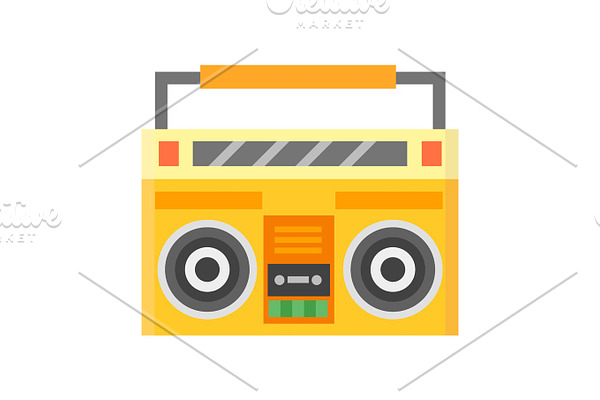 Retro blaster cassette tape recorder stereo record equipment audio music sound player vector illustration.