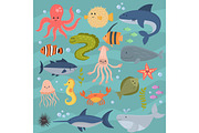 Sea life underwater cartoon animals cute marine characters fish aquarium tropical aquatic vector illustration.