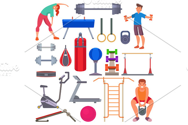 Sport gym equipment flat style icons and characters healthy people training exercise vector illustration