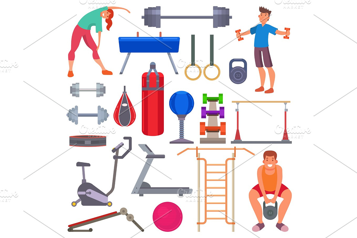 Sport gym equipment flat style icons and characters healthy people training exercise vector illustration in Illustrations - product preview 8