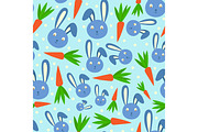 Happy adorable rabbit cartoon character face head cheerful mammal and carrot holiday seamless pattern
