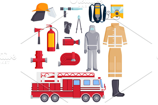 Firefighter elements coloured fire department emergency icons safety equipment protection vector illustration.