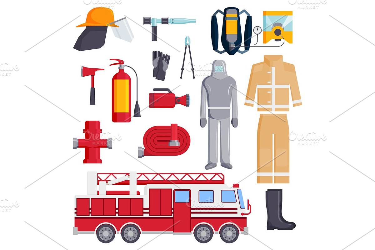 Firefighter elements coloured fire department emergency icons safety equipment protection vector illustration. in Illustrations - product preview 8