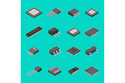 Isolated microchip semiconductor computer electronic components isometric icons vector illustration