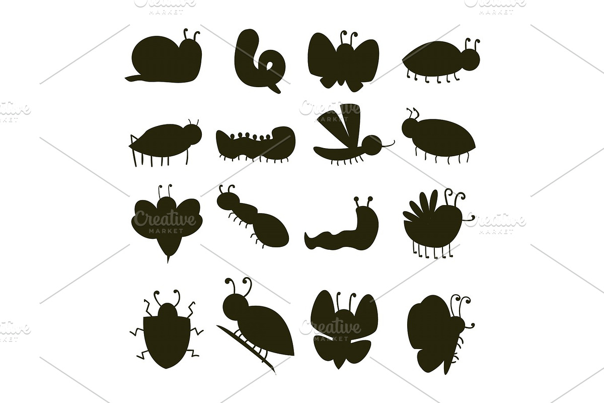 Colorful insects silhouette icons isolated wildlife wing detail caterpillar bugs wild vector illustration. in Objects - product preview 8