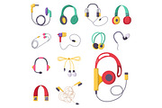 Headphones vector set music technology accessory studio sound design collection dj speaker.