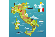 Colorful Italy travel map with attraction symbols italian sightseeing world architecture vector illustration
