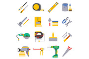 Vector various color flat design house repair instruments equipment icons construction house tools.